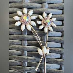 Vintage milk glass AB rhinestone prong set 2 Daisy and stem silver-tone brooch.